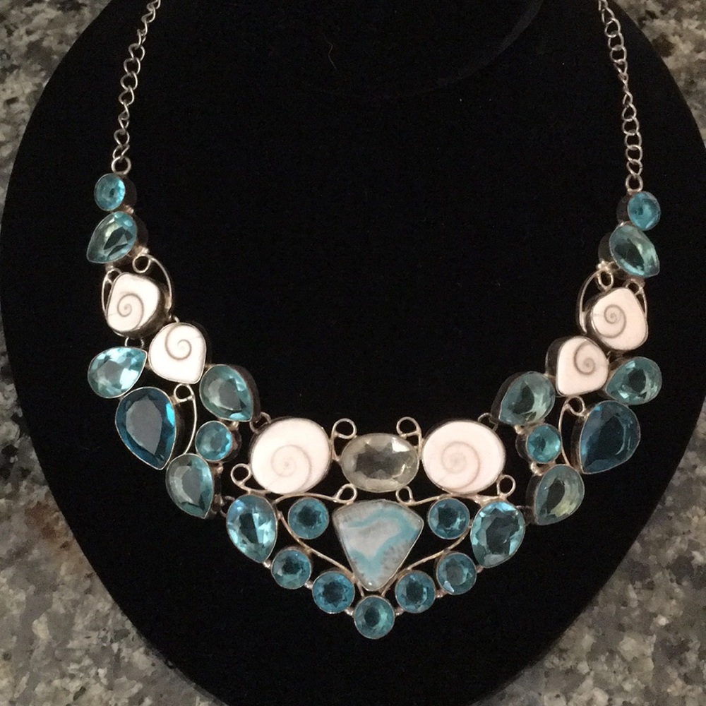 Handmade Topaz / Shell / Agate / 925 Sterling Silver Statement Necklace